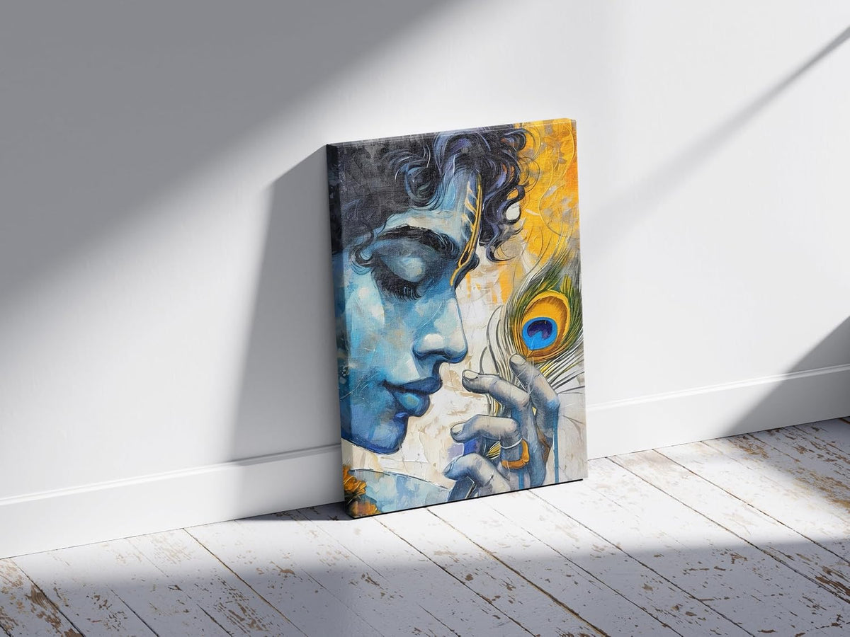 Lord Krishna Wall Art | Abstract Blue Canvas & Poster Print - 14x20 Inch - Modern Spiritual Home Décor