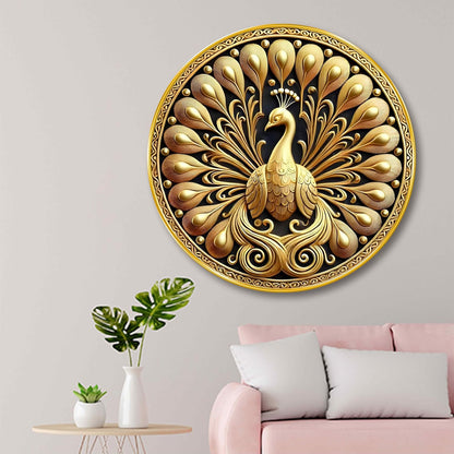 Golden Peacock Round Wall Art | 3D Embossed MDF Panel with Metallic Finish | Luxurious Home & Office Wall Decor | Elegant Artistic Frame for Living Room, Bedroom & Gift Purpose 12 Inch x 12 Inch