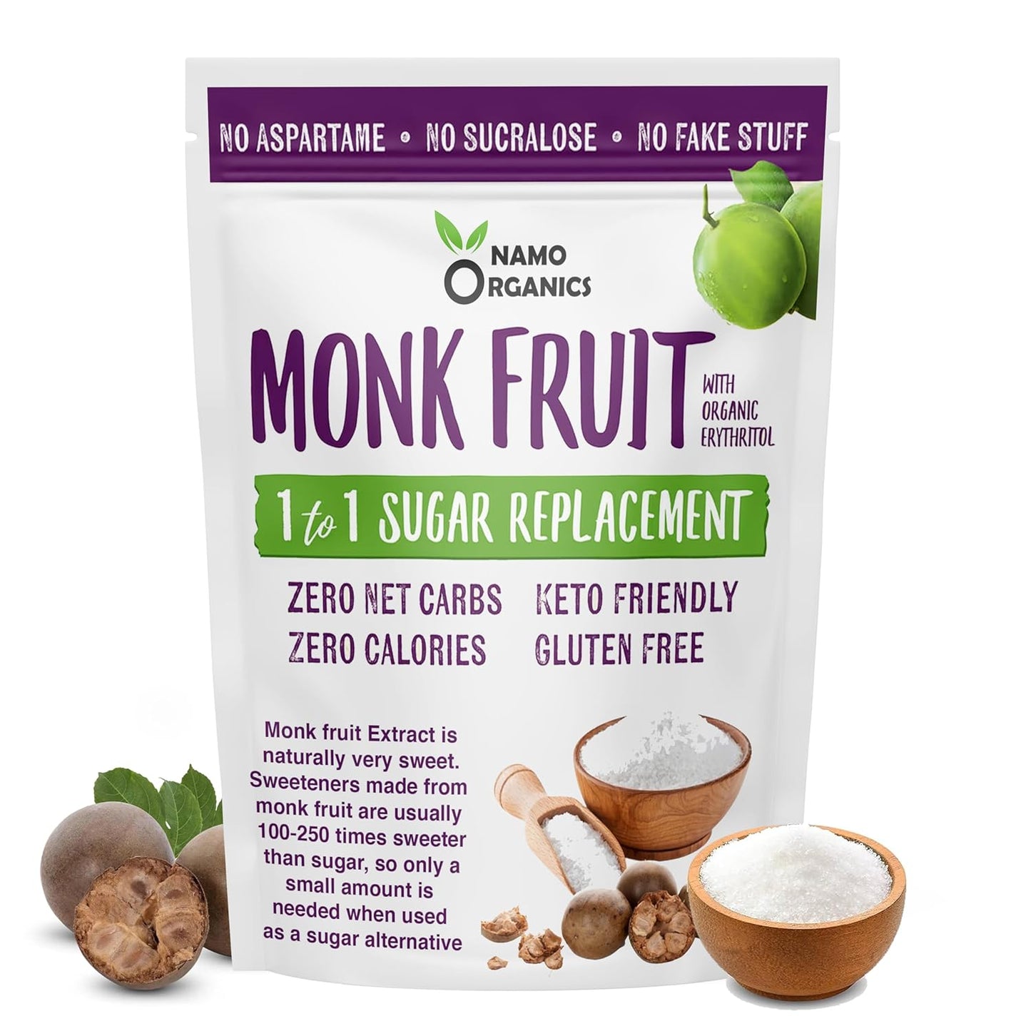 Packaging of Nano Organics Monk Fruit with text highlighting benefits on a white background