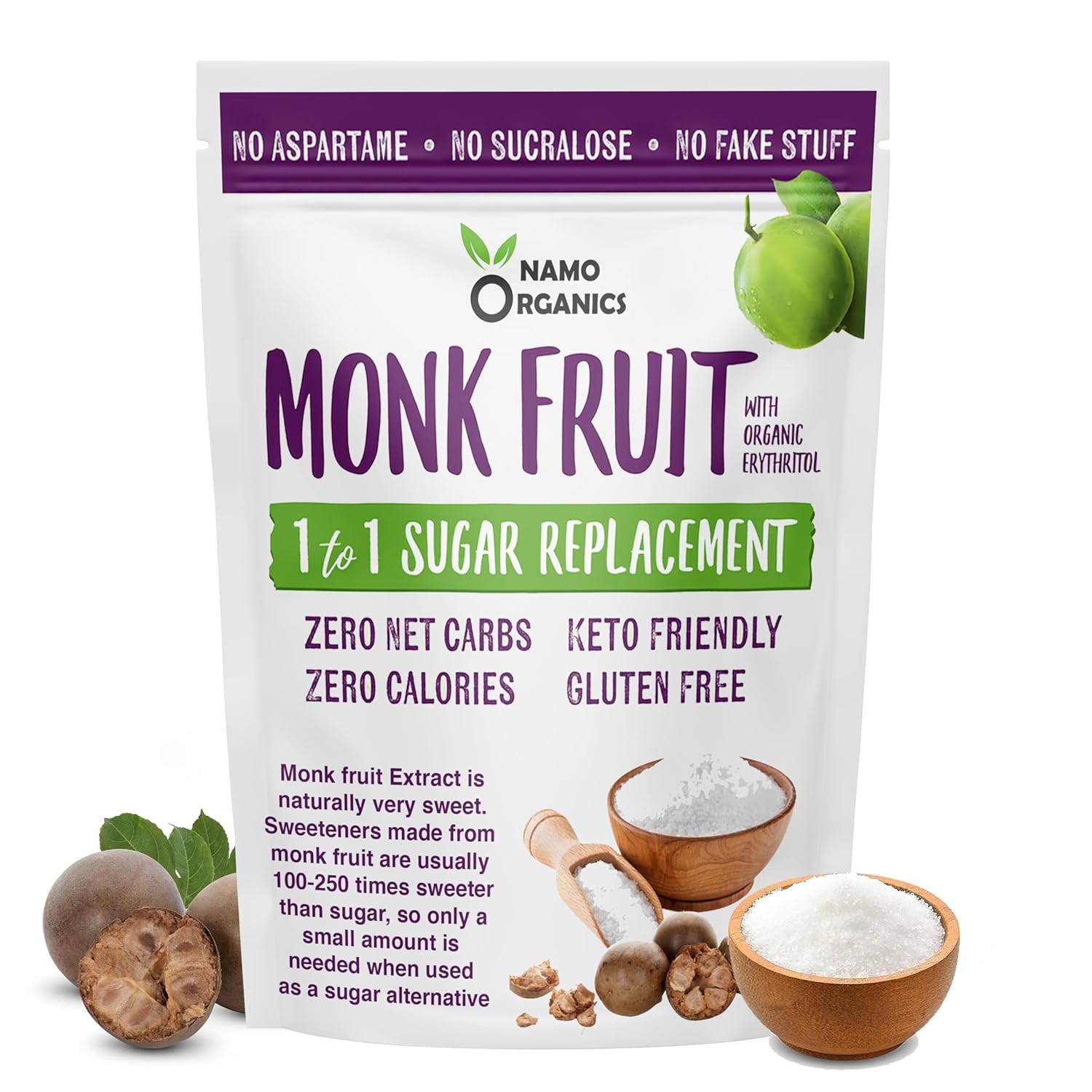 Packaging of Nano Organics Monk Fruit with text highlighting benefits on a white background