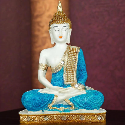 New 25 Centimetre Meditating Sitting Buddha Statue showpiece Idol Home Decoration Items for Living Room Decor and Gifts (Blue White Glossy)