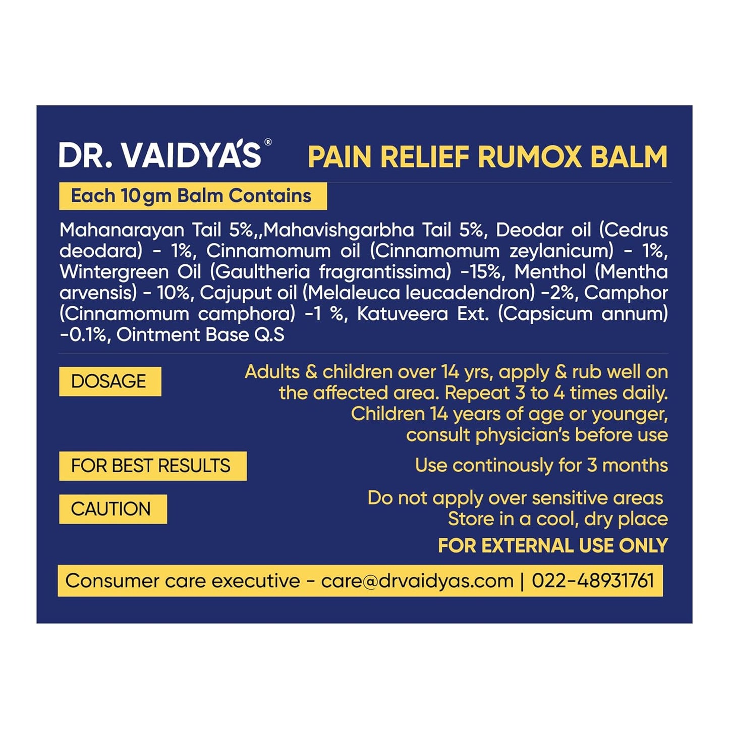 Dr. Vaidya's Rumox Pain Relief Balm | For Head Ache, Body Pain, Joint & Muscle Pain | Mix Of Oils - Mahanarayan, Cajuput, Wintergreen | (50g Each)