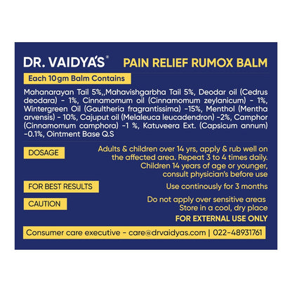 Dr. Vaidya's Rumox Pain Relief Balm | For Head Ache, Body Pain, Joint & Muscle Pain | Mix Of Oils - Mahanarayan, Cajuput, Wintergreen | (50g Each)
