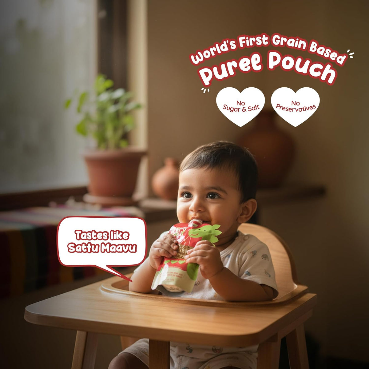 Rorosaur Ready to Eat Sattu Maavu Porridge Baby Food Puree Pouch 100g each, Pk of 2 | Made with millet & pumpkin for 6+ Months Baby | Easy to Digest, 100% Natural, No Preservatives, No Sugar/Salt