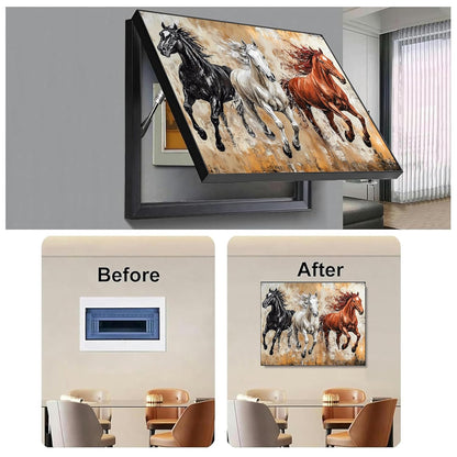 Electric MCB Box Cover Frame With Hydraulic Decorative Painting White 3 Running Horse Painting Electrical Panel box Cover, Switch Box Frame Will Fit Max 10x14 inch Switch Board, Outer Size 13X17 Inch
