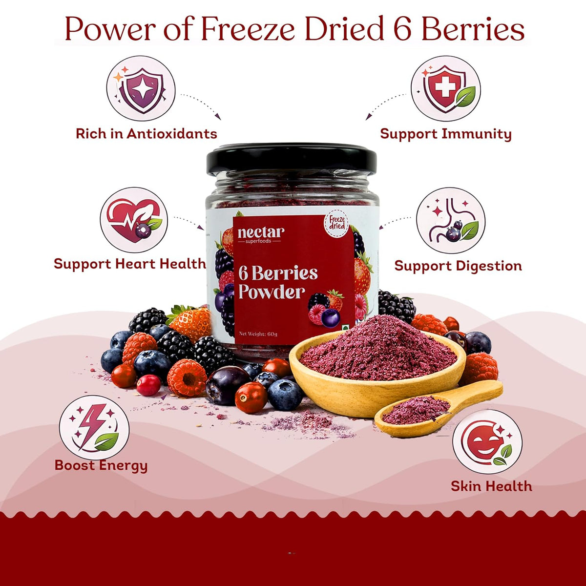 Nectar Superfoods Freeze Dried 6 Berry Powder | 60 grams Jar | 6 Serve | Blueberry, Mulberry, Raspberry, Strawberry, Cherry & Blackberry | No Added Sugar