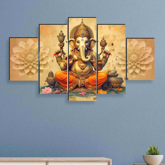 Ganesha Paintings for Wall Decoration - Set Of Five, 3d modern art Painting for Living Room Large Size with Frames for Home Decoration, Hotel, Office 76.2 cm x 45 cm SANFPNLS35447