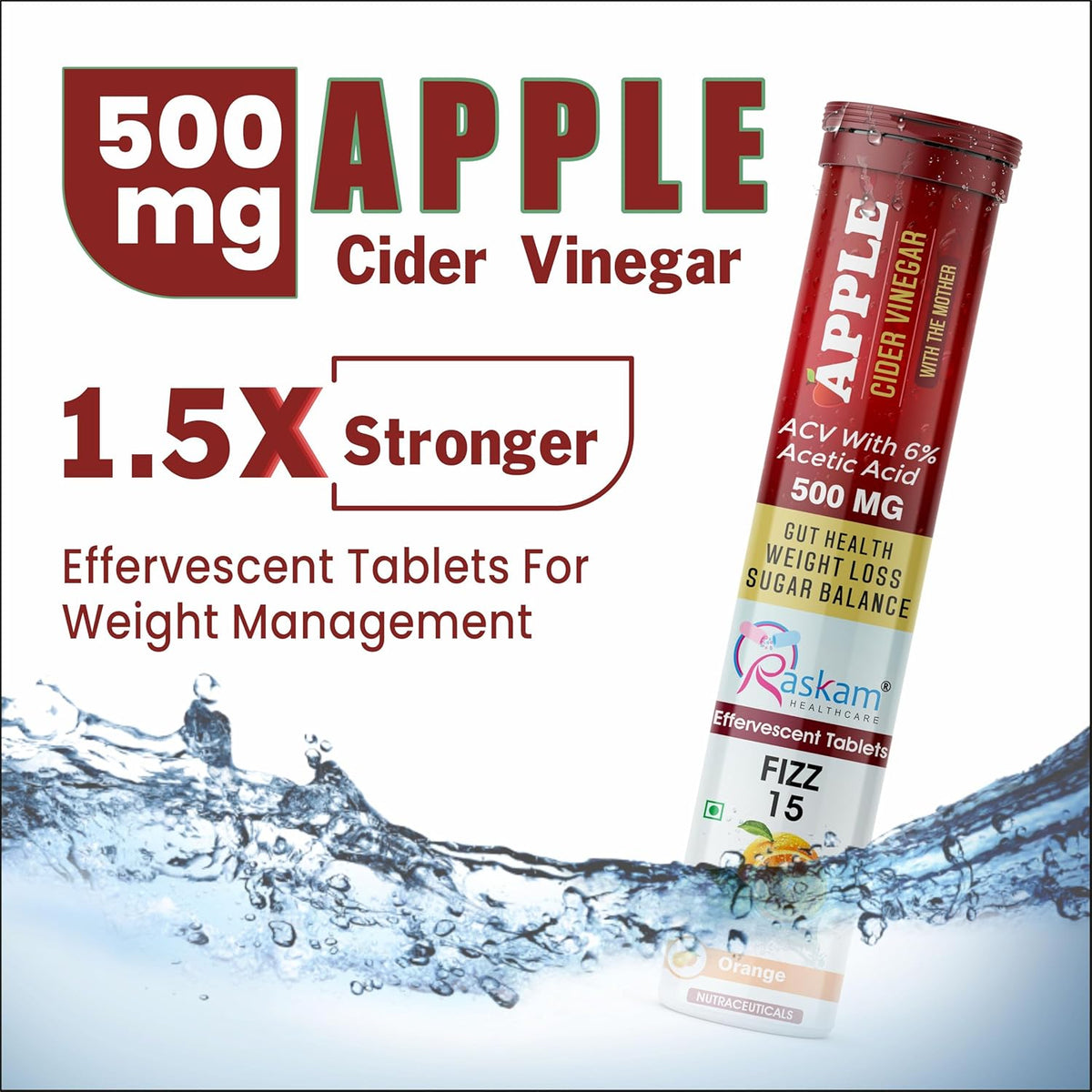 Apple cider vinegar effervescent tablet packaging with water splash background