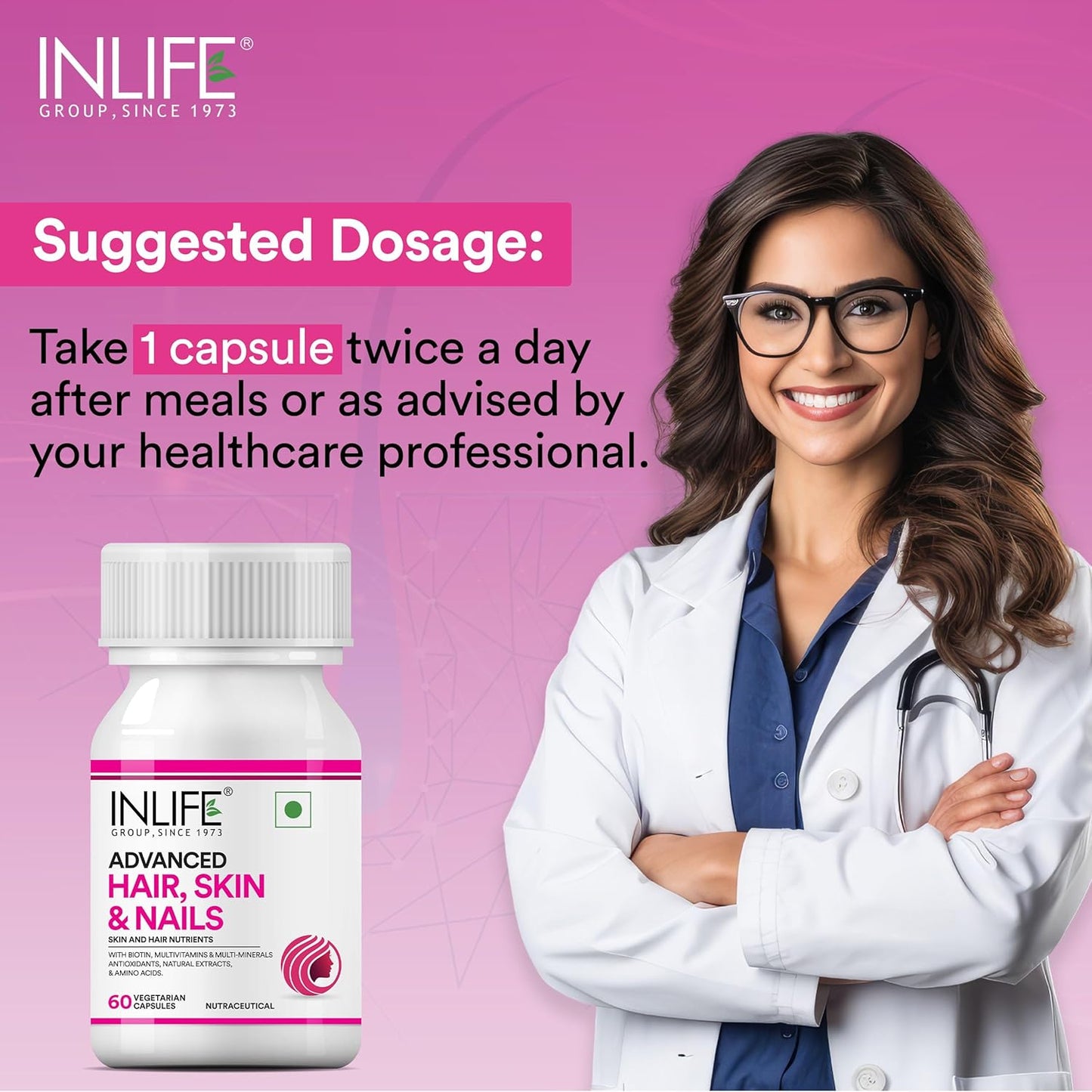 INLIFE Advanced Hair Skin & Nails Supplement with Biotin, Multivitamin Minerals, Amino Acids for Hair Care - 60 Vegetarian Capsules