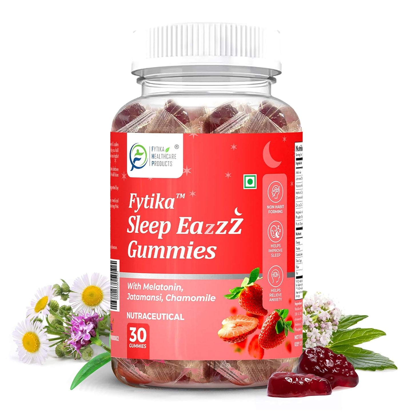Fytika Sleep Eazzz Gummies packaging with gummy bears and natural elements on a white background