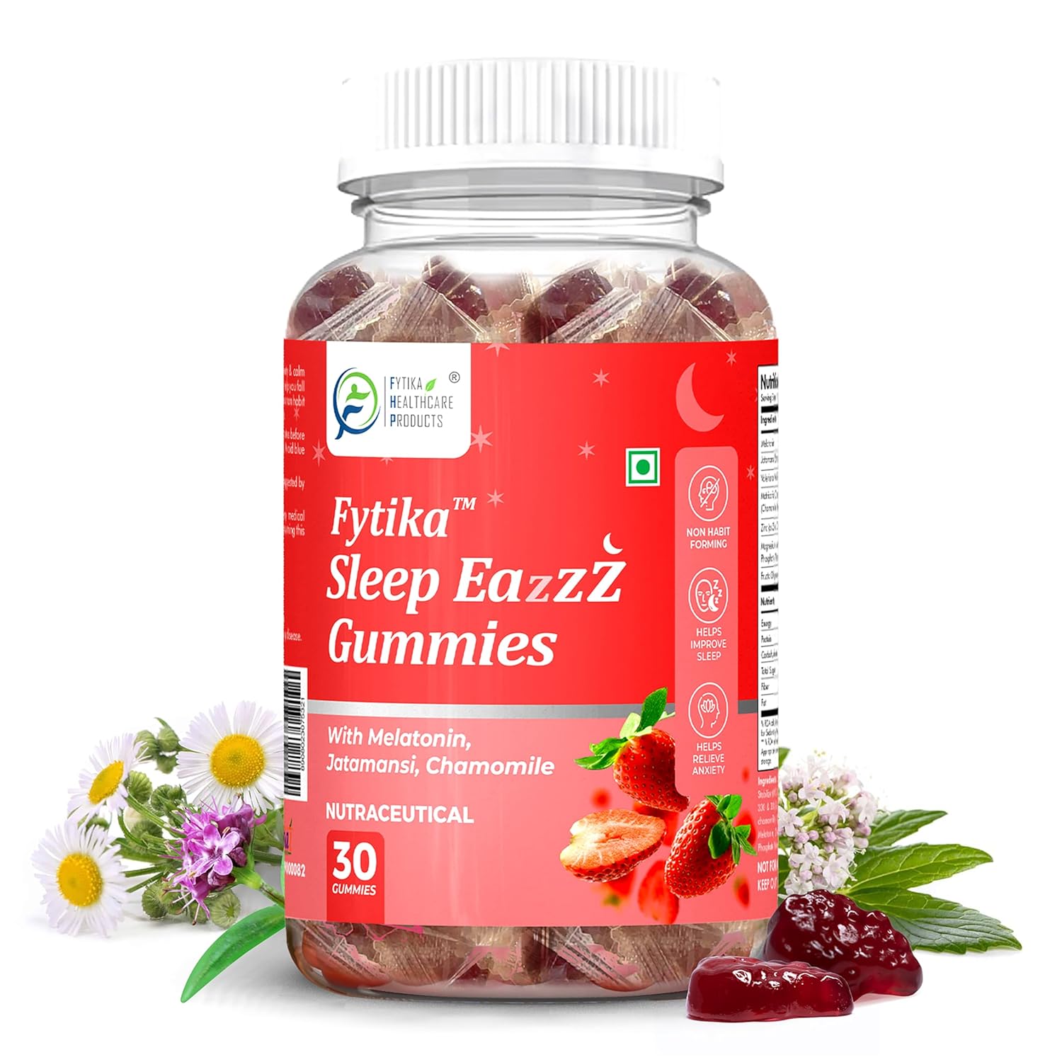 Fytika Sleep Eazzz Gummies packaging with gummy bears and natural elements on a white background