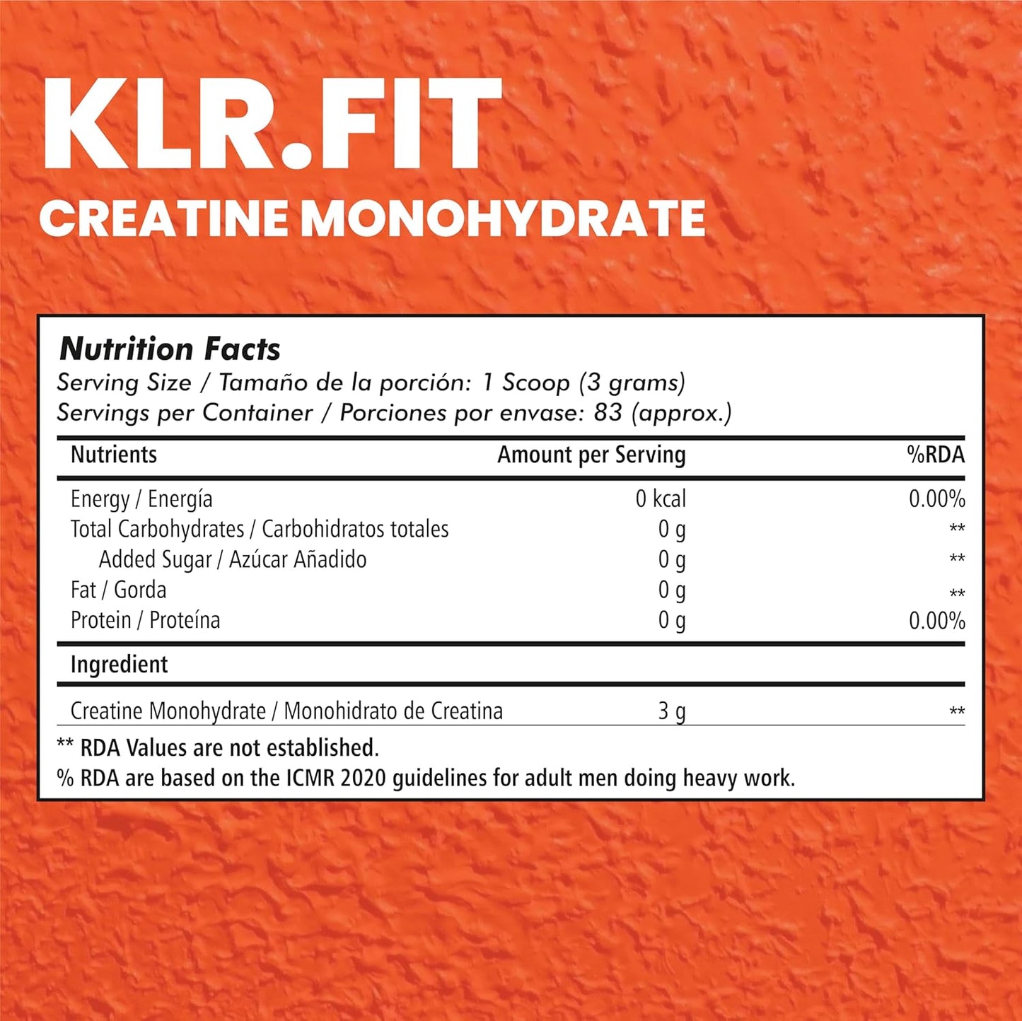 Klr.Fit's Creatine Monohydrate Powder 250g - Creatine Supplement for Muscle Growth, Increased Strength, Enhanced Energy Output and Improved Athletic Performance 83 Servings, Unflavored