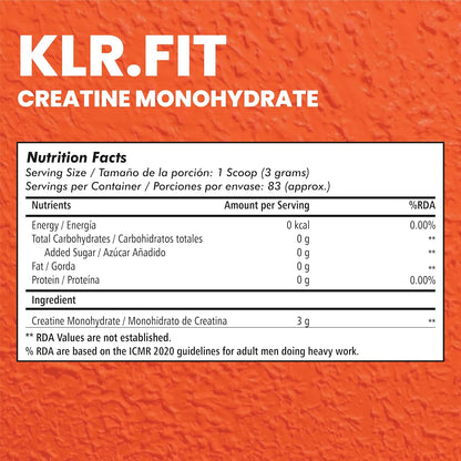 Klr.Fit's Creatine Monohydrate Powder 250g - Creatine Supplement for Muscle Growth, Increased Strength, Enhanced Energy Output and Improved Athletic Performance 83 Servings, Unflavored