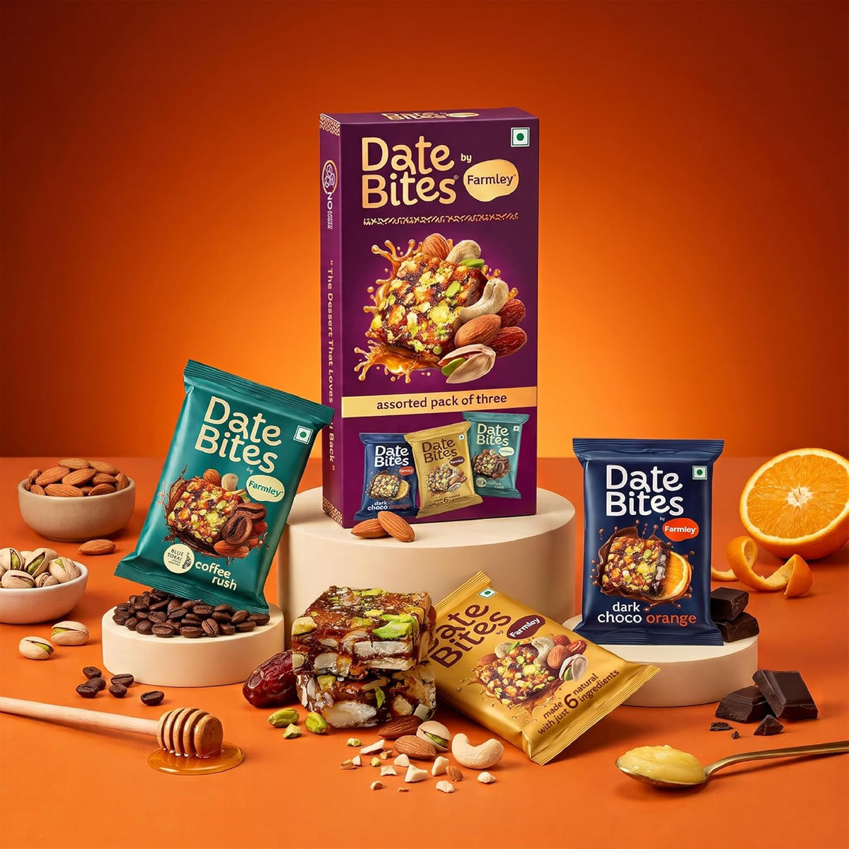 Farmley Date Bites Assorted Pack 60g (20g x3) | Classic, Dark Choco Orange & Coffee Rush | Dry Fruit Bites with Almonds, Cashews & Pista | Gluten Free, No Refined Sugar | Healthy Snack with Honey & Ghee