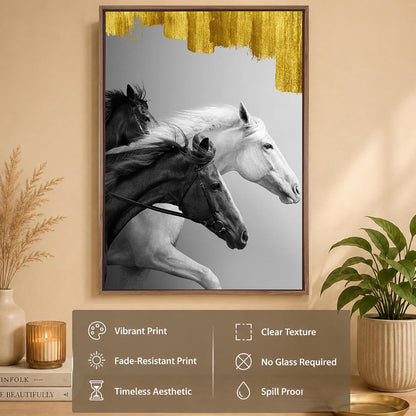 Running Horse Canvas Wall Art Painting With Frame For Living Room Black & White Running Horse Vastu Inspired Framed Wall Art Painting For Home, Office, Size 17x23 Inch