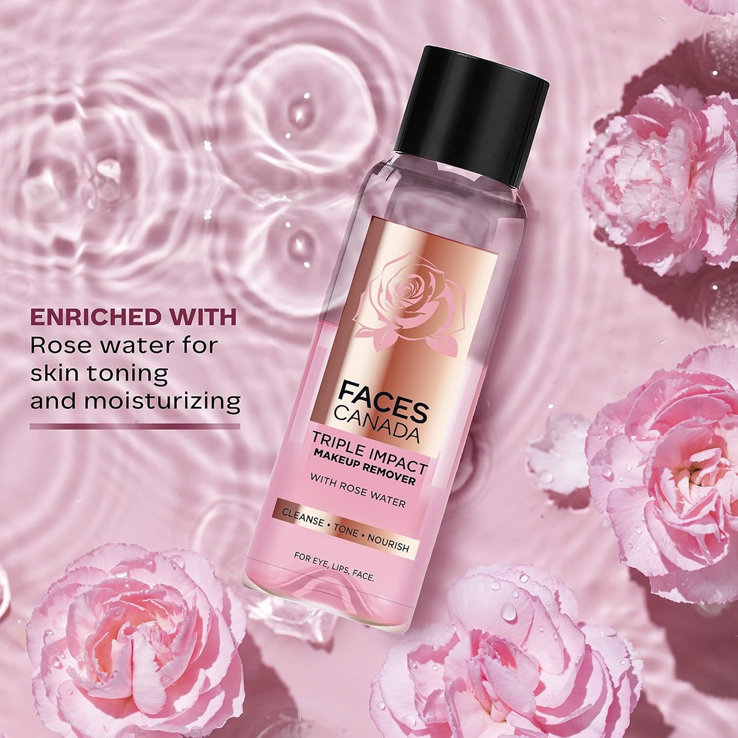 FACESCANADA Triple Impact Makeup Remover, 120 Ml | With Rose Water | 3-In-1 Cleanse, Tone & Nourish | Deep Cleanses & Removes Makeup For Eyes, Lips & Face | Bi-Phasic Formula