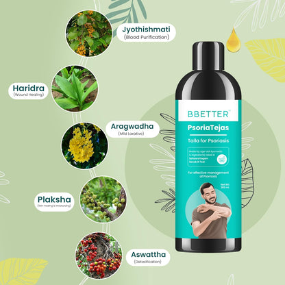 BBETTER Psoria Tejas - Oil for Skin Health Management | Steroid-Free Formula for Dry Itchy and Flaky Skin Helps Soothe Irritation Redness & Promote Hydration | Made by age old Ayurveda