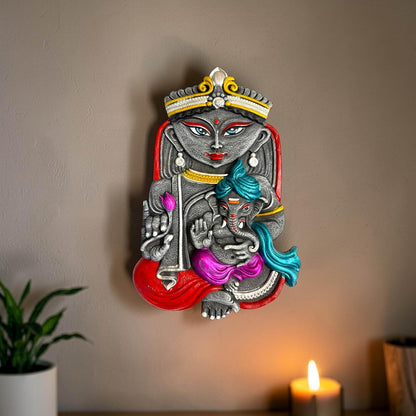 Maa Durga with Ganesh Terracotta Wall Hanging Idol Murti Decor | Devi MATA & Ganesha Janani Decor | Spiritual Art for Temple, Home & Office Decor | Spiritual Gift (29x19 CM)