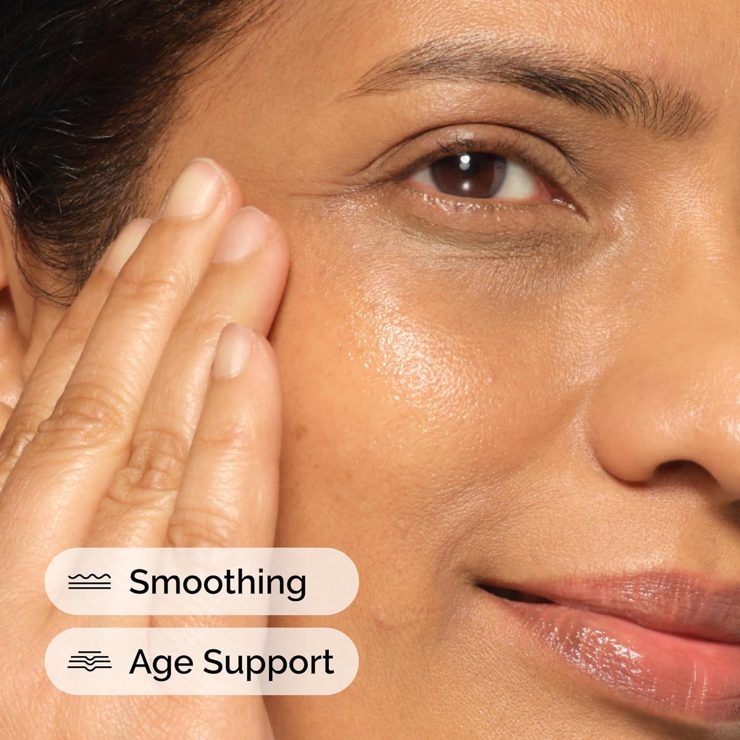 Close-up of a woman's face with text indicating smoothing and age support benefits.