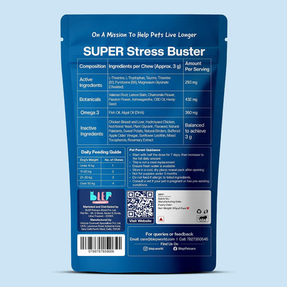 BLEP Super Stress Buster - Dog Calming Soft Chews Supplement, Anxiety, Fear, Restlessness & Separation | Ashwagandha, L-Theanine & Valerian | Fireworks, Travel & Vet Visits | 60g | Dog calming supplement with ashwagandha and L-theanine for anxiety relief