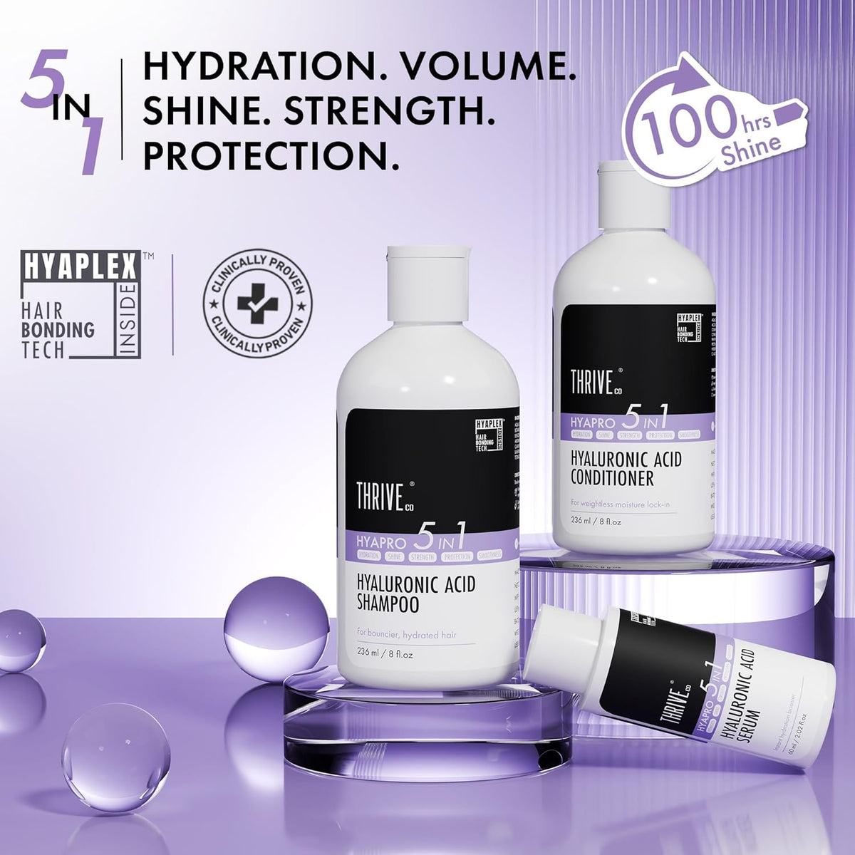 Thrive Hyaluronic Acid Shampoo and Conditioner bottles on a purple background with product features highlighted.