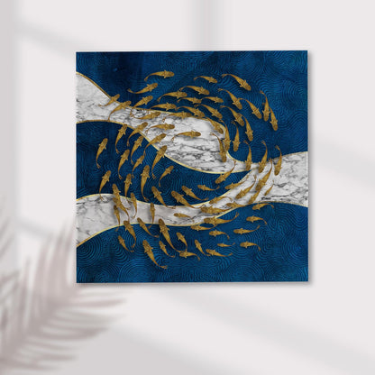 Nordic Moon Fish Stretched Canvas Painting for Living Room | Abstract Ocean Wildlife Wall Décor Art For Livingroom, Bedroom, Office, Hallways - 16x16 Inch