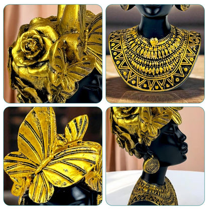 Golden Butterfly Goddess Bust Polyresin Showpiece 26 cm African Queen Figurine Black & Gold Statue for Home Decor Living Room Office Table Gift | Tabletop Decorative Showpiece