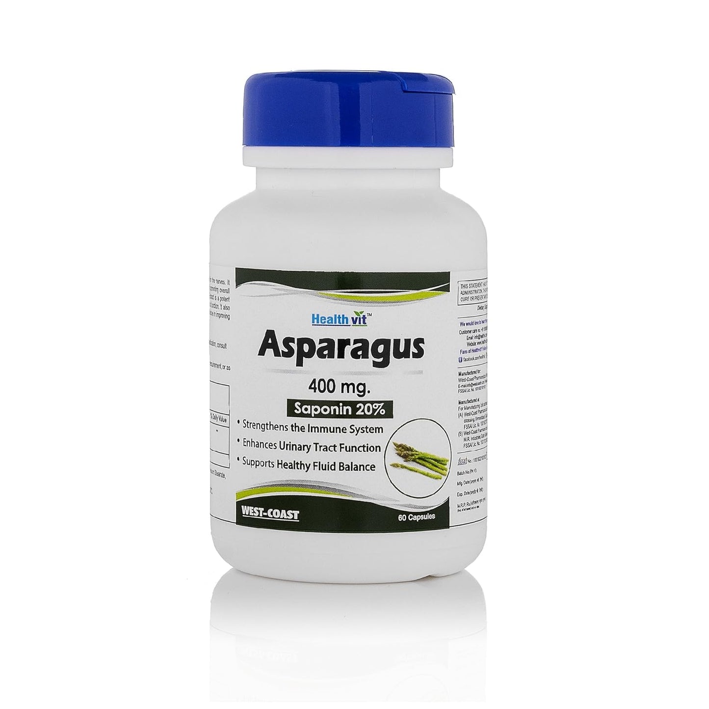 Healthvit Asparagus supplement bottle with blue cap on a white background