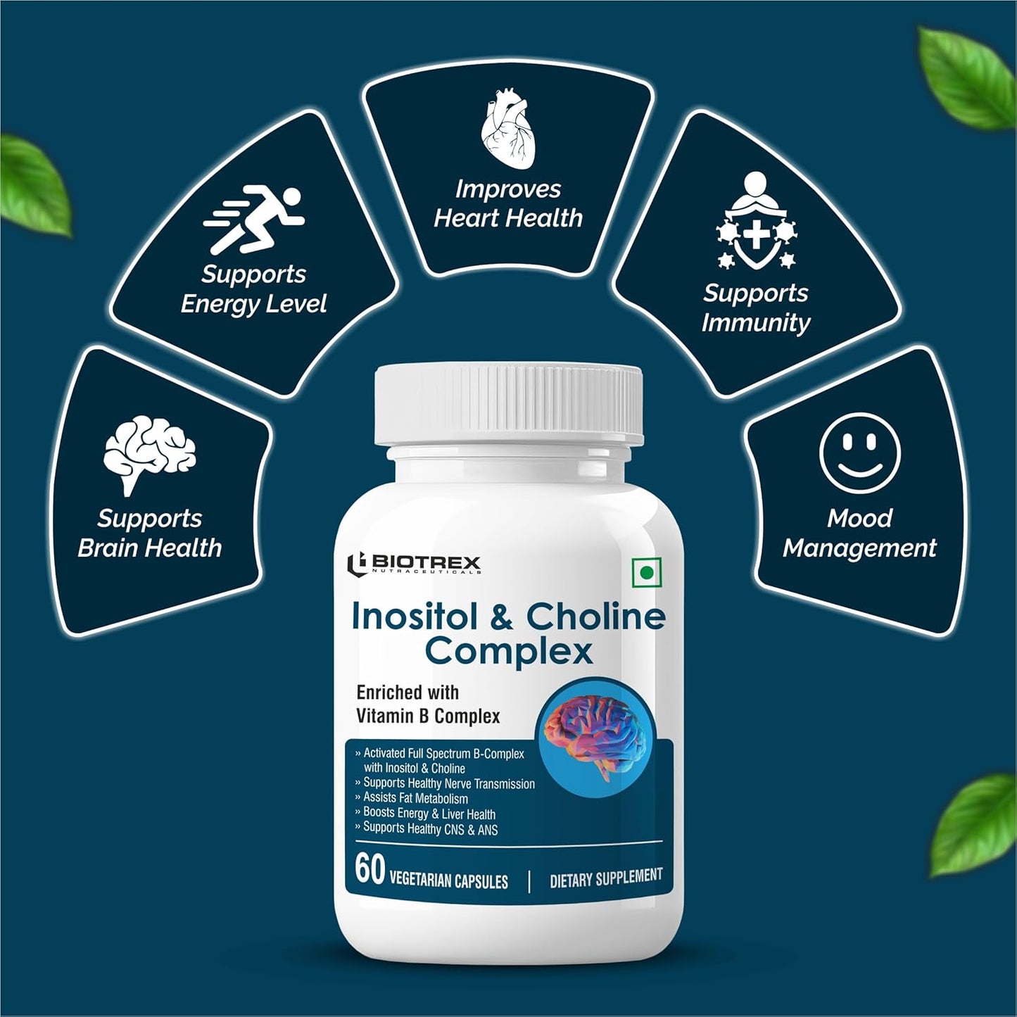 Biotrex Nutraceuticals Inositol and Choline With Vitamin B Complex (B1, B2, B3, B5, B6, B7, B9 & B12) | High Purity Nutrients | Brain & Nerve Function | Better Motor Signal | Lab Tested | 60 Veg Capsules