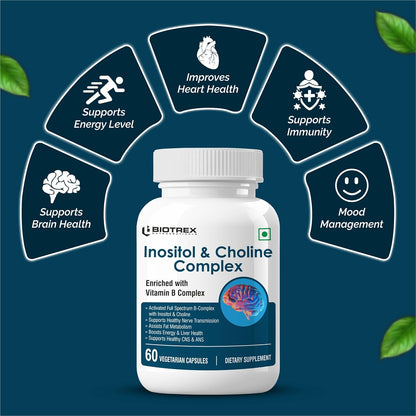 Biotrex Nutraceuticals Inositol and Choline With Vitamin B Complex (B1, B2, B3, B5, B6, B7, B9 & B12) | High Purity Nutrients | Brain & Nerve Function | Better Motor Signal | Lab Tested | 60 Veg Capsules