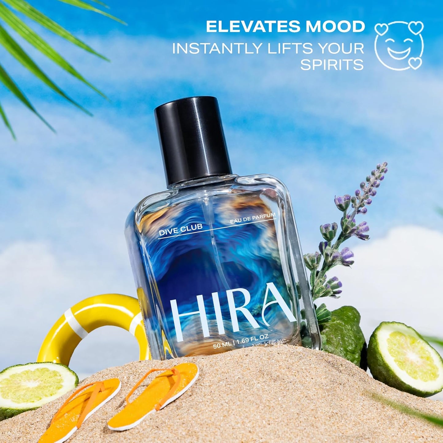Perfume bottle labeled 'Hira' with beach-themed elements and text about mood elevation.