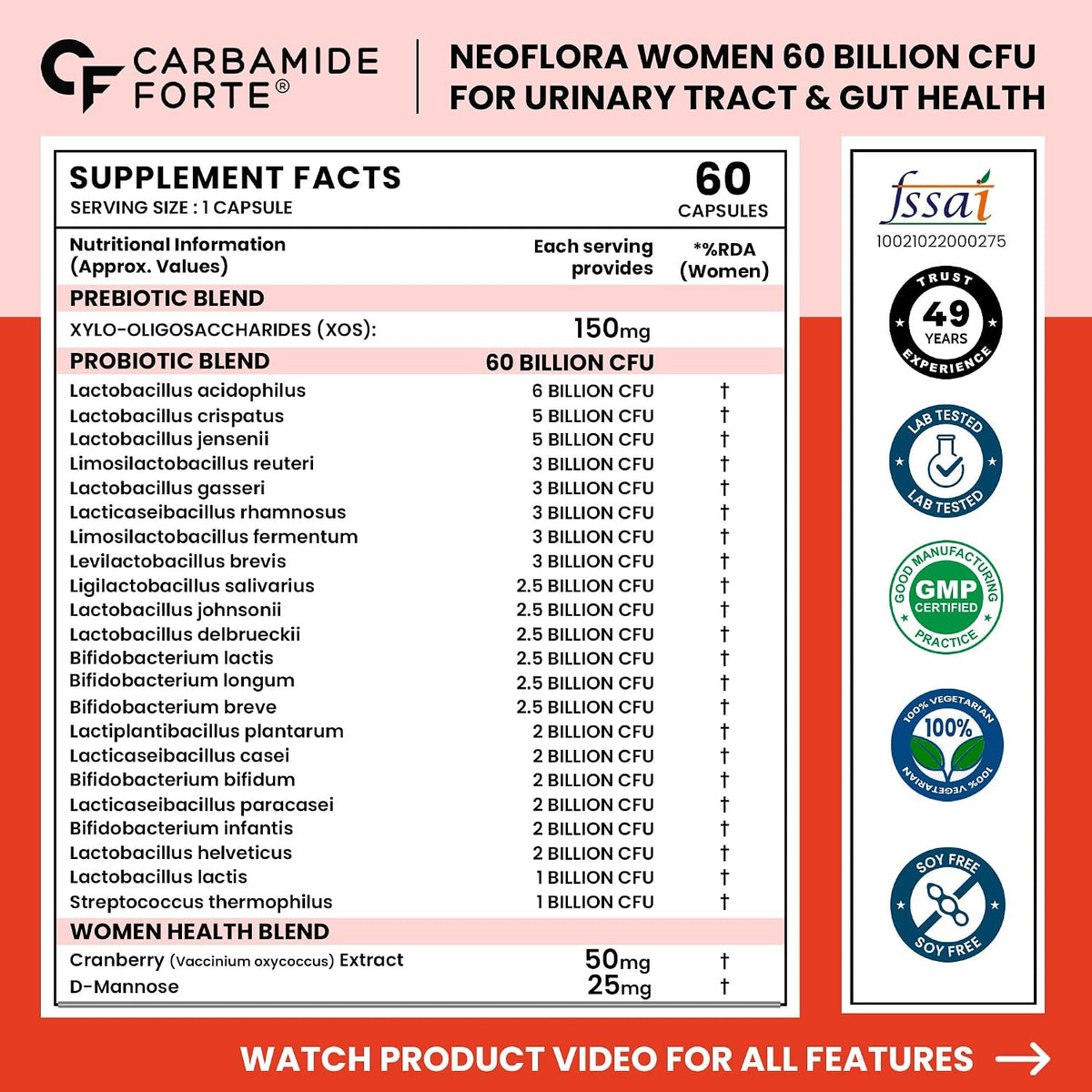 Carbamide Forte Women’s Probiotics Supplement 60 Billion CFU | Gut Health Supplements with Cranberry Extract | Pre & Probiotics Supplement for Gut Health | 60 veg Capsules