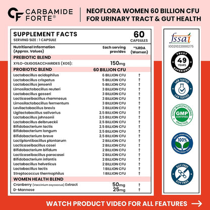 Carbamide Forte Women’s Probiotics Supplement 60 Billion CFU | Gut Health Supplements with Cranberry Extract | Pre & Probiotics Supplement for Gut Health | 60 veg Capsules
