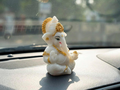 Polyresin and Marble Ganesh Ji Idol Murti for Pooja Room & Car Dashboard (White, Aashirwad Mudra)