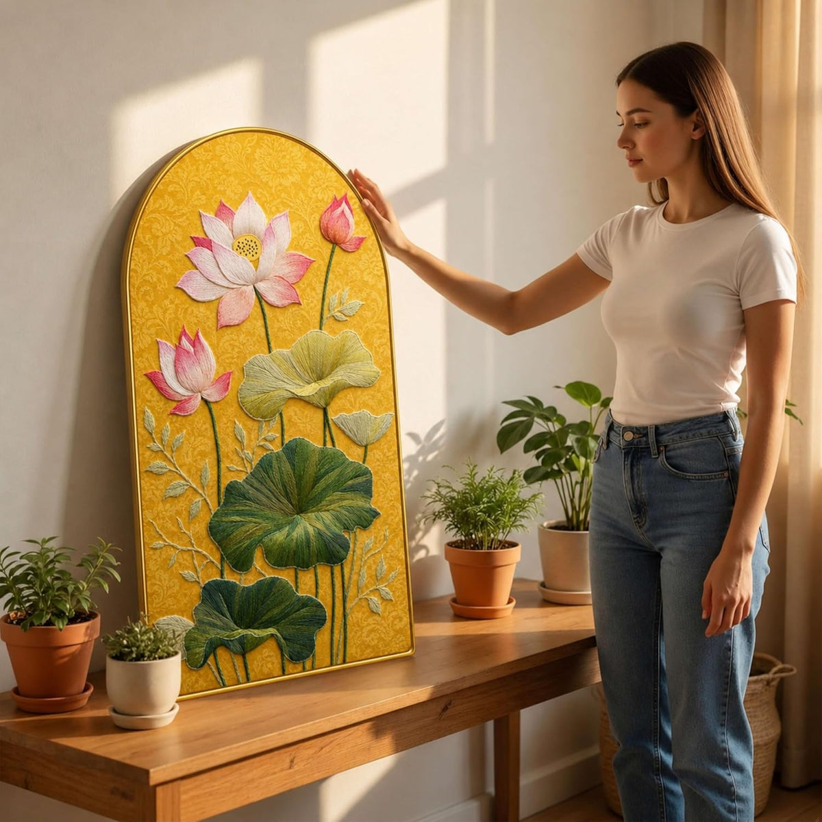Lotus Flower Wall Painting for Living Room, Yellow Botanical Artwork with PVC Golden Frame, Premium Decorative Wall Art for Home, Bedroom, Office & Gift (30 x 16 Inch) RPNL-01-90