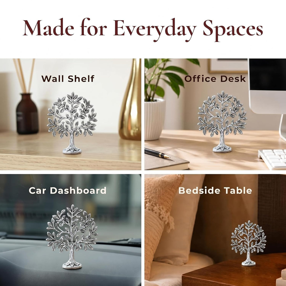 Metal Kalpavriksha Tree for Home Decor - Golden Wish Fulfilling Tree Metal Showpiece for Temple, Vastu, Office Table & Gifting Banyan (No 0 Silver)