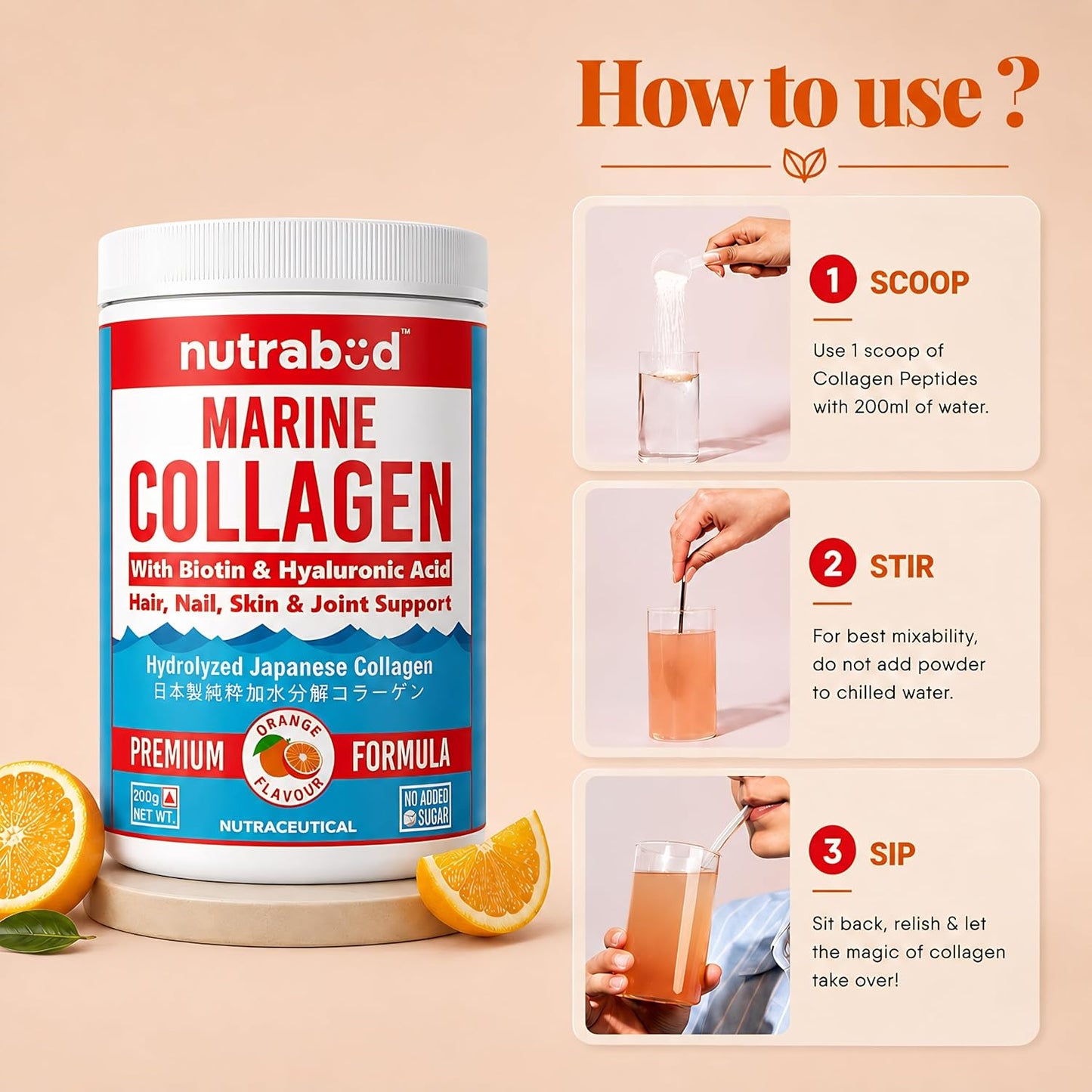 Nutrabud Japanese Marine Collagen Powder Supplement for Women,Men|No Added Sugar|Supports Skin Radiance,Healthy Hair,Nails & Joints|Hydrolyzed Collagen Peptides (Orange,200 grams)
