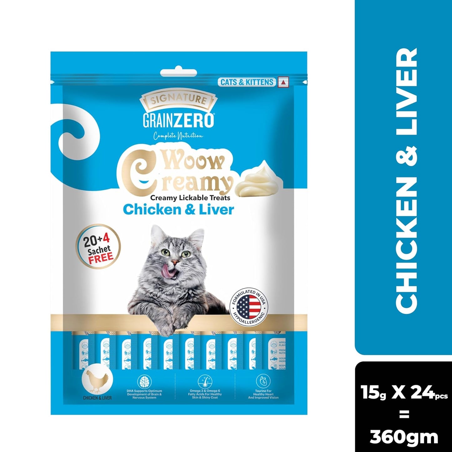 Grain Zero Creamy Lickable Cat Treats Chicken and Liver, 360 Gm - 20 Sachet + 4 Free | Rich in Protein, Promotes Hydration, No Artificial Preservatives | for Training and Bonding | for Kitten & Adult