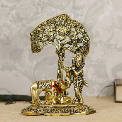 Golden Lord Krishna Idol Playing Flute Under Tree with Cow and Calf Decorative Showpiece for Home Decor Pooja Room Temple & Gift Purpose