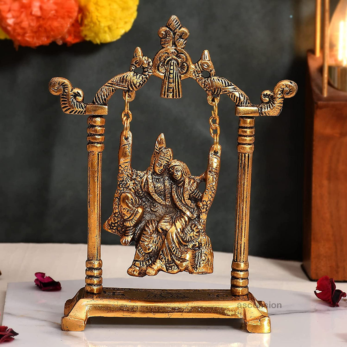 Metal Swing Radha Krishna Idol Couple Showpiece Radha Krishna Idol Murti for Home Décor Idol Showpiece Statue Diwali Home Decoration Items Festive Home Office Gifts,Golden