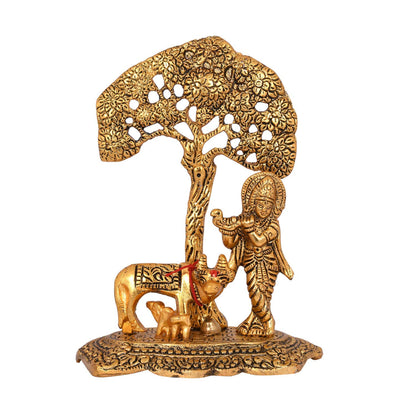 Collectible India Metal Krishna Idol Murti with Kamdhenu Cow - Gold Plated Showpiece (Set of 5)