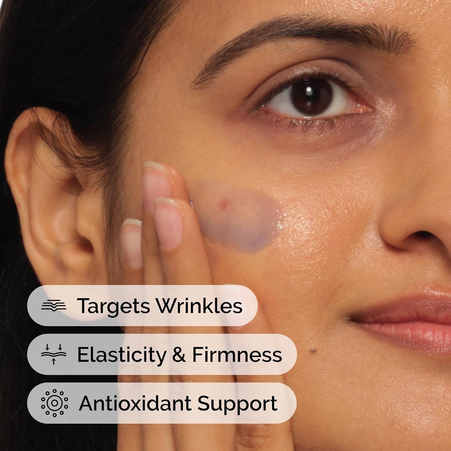 Close-up of a woman's face with text highlighting skincare benefits