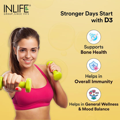 INLIFE Vitamin D3 5000 IU Cholecalciferol with Coconut Oil Supplement for Better Absorption, For Men & Women, Immunity, Bone Health, Muscles - 60 Softgels