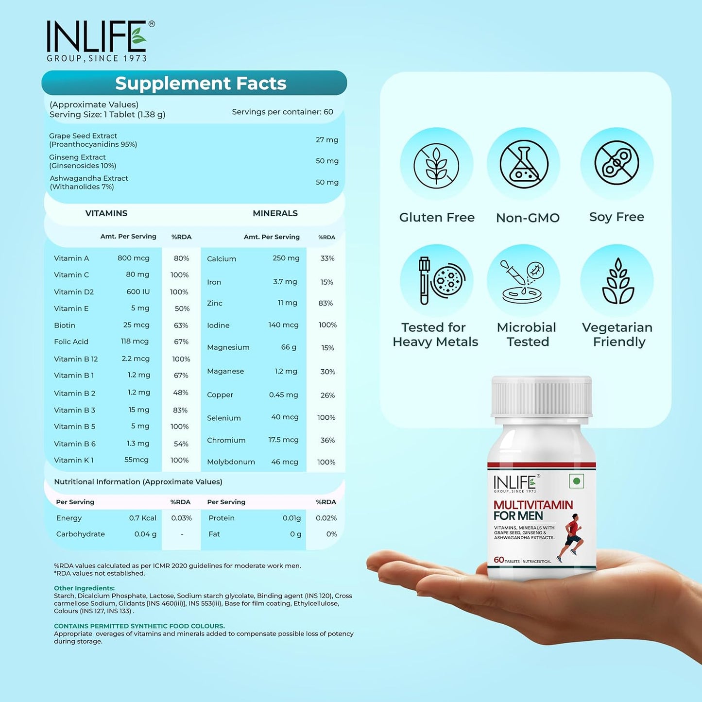 INLIFE Multivitamin Tablets for Men | Enriched with Zinc, Vitamin C, Vitamin D3, and Essential Minerals | Supports Energy, Stamina, and Immunity | Overall Health & Wellness - 60 Tablets