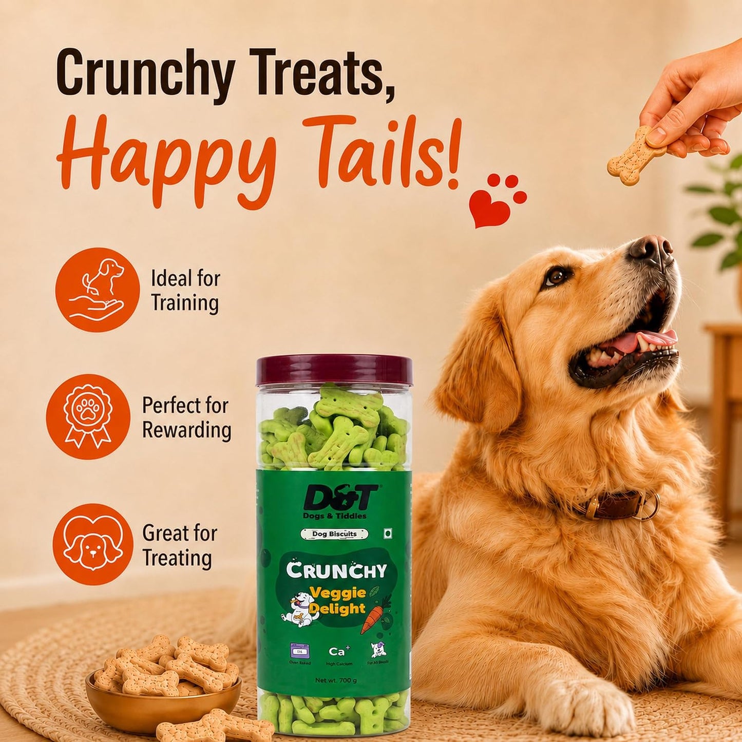 Dogs & Tiddles Veggie Delight Dog Biscuits 700g | Oven Baked Crunchy Dog Treats | High Calcium Dog Snacks for All Life Stages & All Breeds