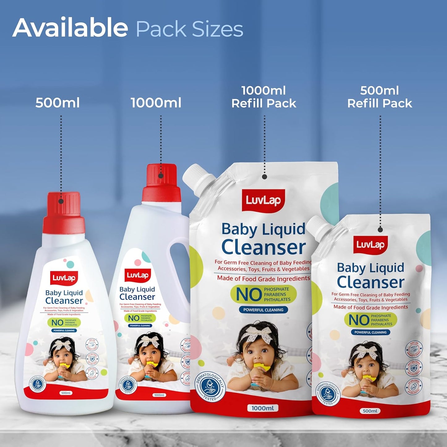 LuvLap Baby Liquid Cleanser 1000ml, For cleaning feeding bottle, cutlery, toys, fruits & vegetables, Kills 99.9% Germs, pH Balanced Dermatologically tested formula, No harsh chemicals, Bio-degradable