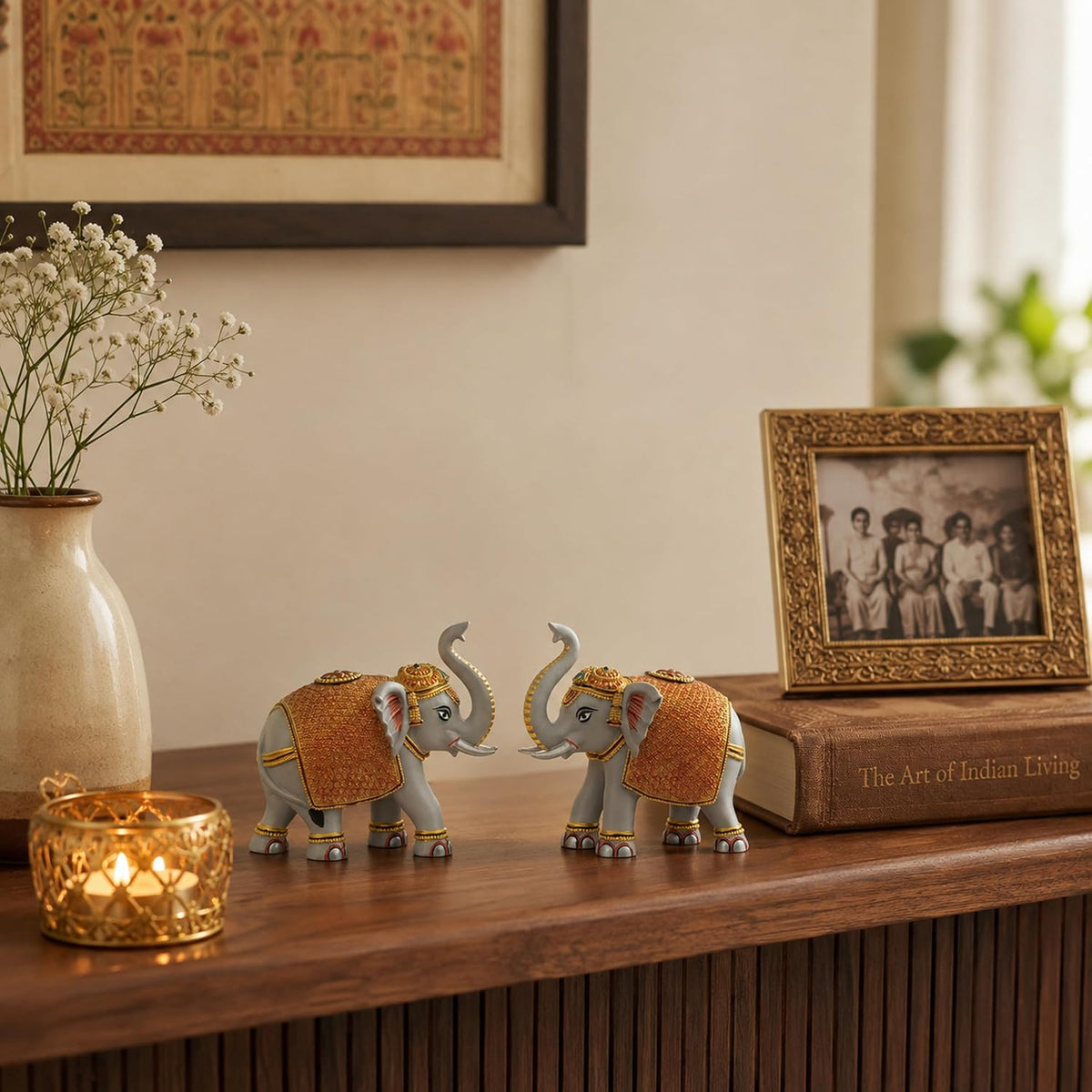 Grey Gold Mini Elephant Showpiece Pair, Car Dashboard, 3 Inch