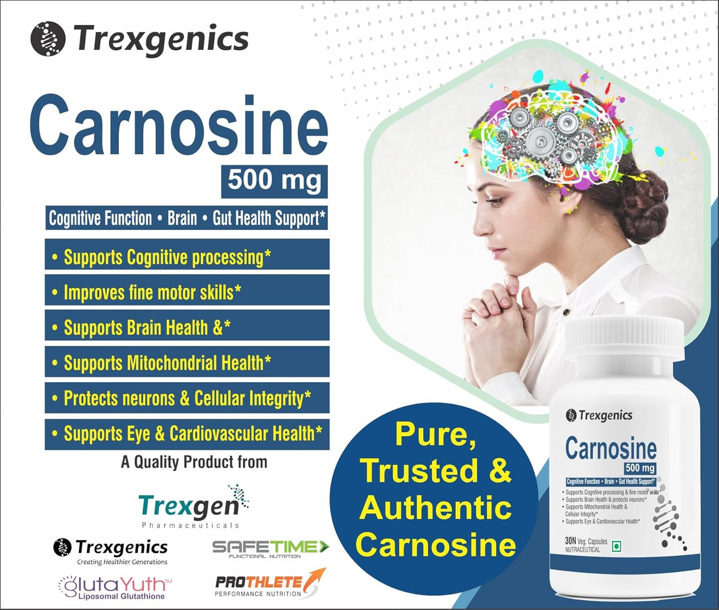 Trexgenics L-CARNOSINE 500 mg ADHD, ADD Care, Cognitive Function, Brain & Gut Health Support (30 Veg Capsules) (Pack of 1)