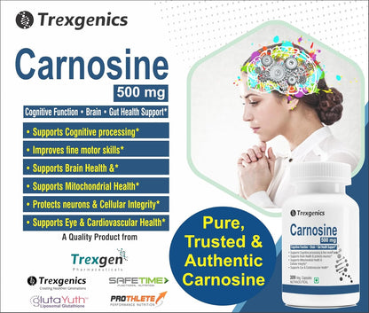 Trexgenics L-CARNOSINE 500 mg ADHD, ADD Care, Cognitive Function, Brain & Gut Health Support (30 Veg Capsules) (Pack of 1)