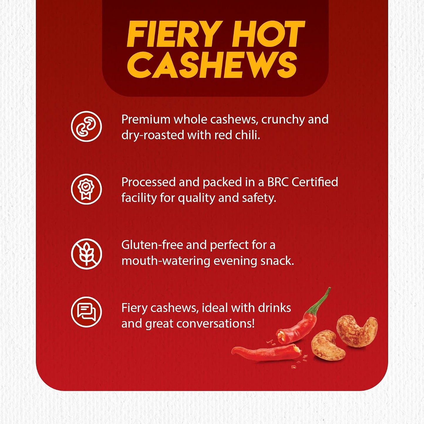 Pureheart Nutreat Fiery Hot Cashews, Premium Spicy Roasted Masala Cashew Nuts/Kaju Dry Fruit | Protein & Fiber Rich Chili Cashews| Crunchy Snack | No Artificial Colors, Flavors, Preservatives